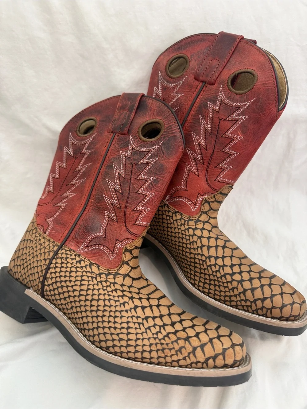 Kids Pull-On Western Boots in Red and Brown with Textured snakeskin like base